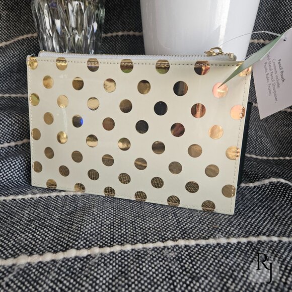 KATE SPADE Zippered Metallic Gold Polka Dot Zippered Pouch - Picture 3 of 10